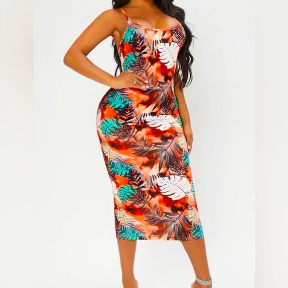 NWOT Tropical Print Tie Dye Bodycon Dress - Picture 1 of 4